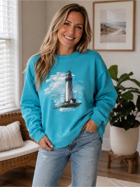 Jensen Tops - Aqua Blue Jerzees Nublend Plus New Lighthouse Clouds Graphic Sweatshirt LARGE